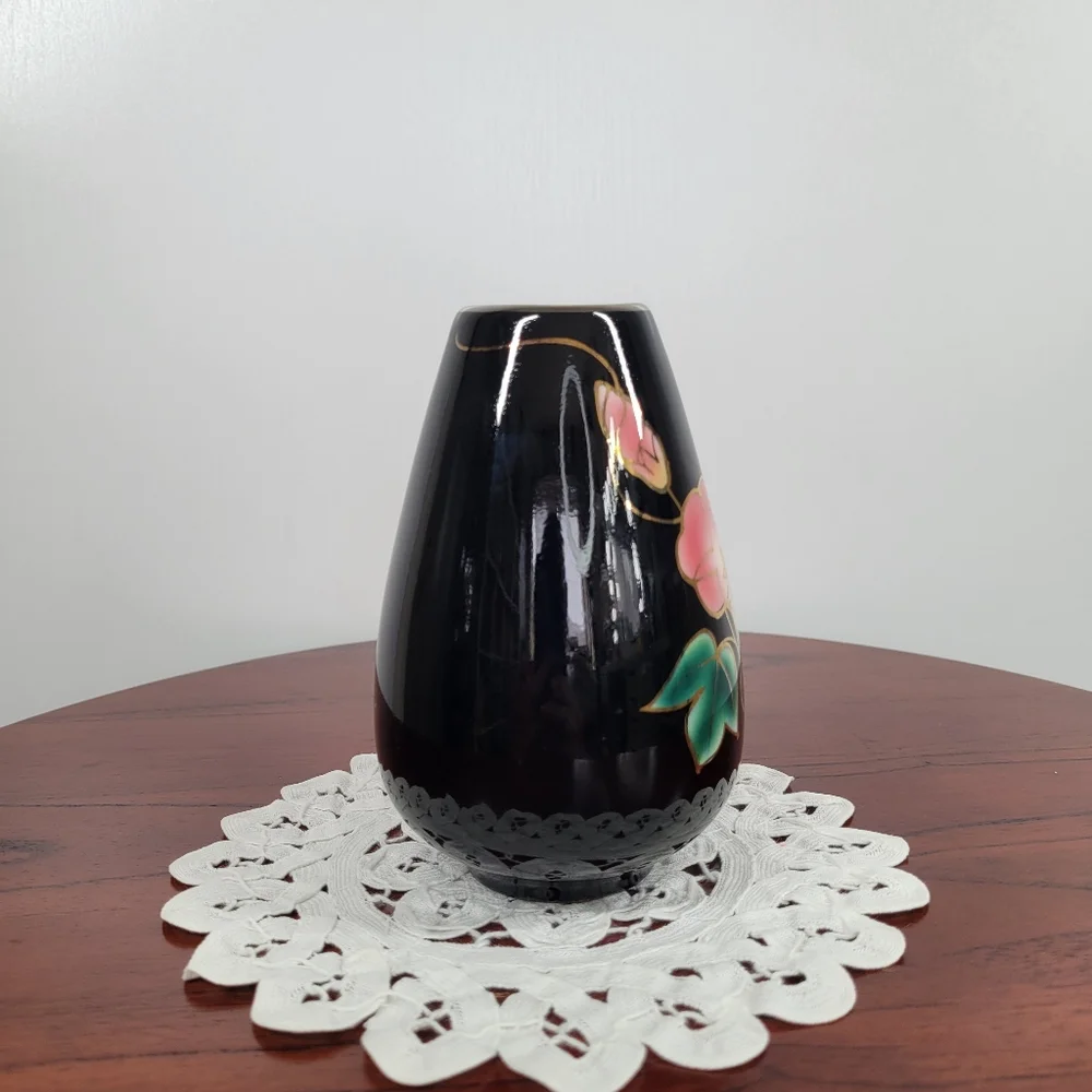 Vintage Andre R. Otagiri Black Bud Vase Crimson‎ Rose Gold Trim Made in Japan